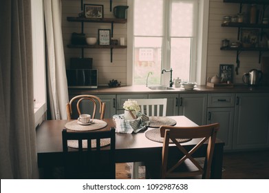 Cozy Cabin Interior. Country Grey Kitchen With Open Shelfin In Rustic Style. Rural Life Concept