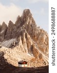 Cozy cabin near rifugio Locatelli in the Tre Cime di Lavaredo National park, Dolomite Alps. Three peaks of Lavaredo, Dolomites, South Tyrol, Italy, Europe. Landscape photography