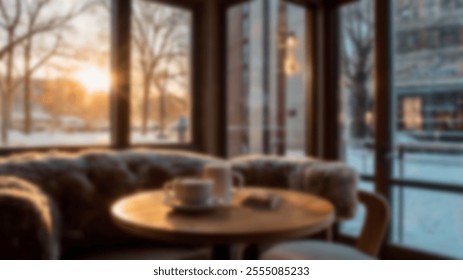 Cozy cafe corner with a round table, hot coffee, and a snowy urban street view through large windows at sunset. Perfect for winter or cozy settings. - Powered by Shutterstock