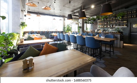 Cozy Cafe Interior With Sofas And Tables For Quick Lunch, Angle View, Panorama, Copy Space