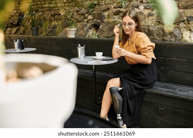 In a cozy cafe, a young woman with a prosthetic leg savors her coffee, embracing her vibrant lifestyle while relaxing. - Powered by Shutterstock