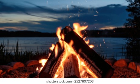 Cozy campfire by a lakeside at dusk, sparks flying. - Powered by Shutterstock