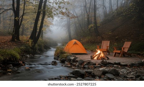 Cozy campsite by a stream with a tent and campfire in foggy woods.