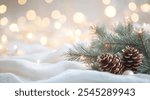 A cozy Christmas background featuring delicate pine branches and elegant pinecones on a soft white fabric, enhanced by warm glimmering lights for a festive ambiance.