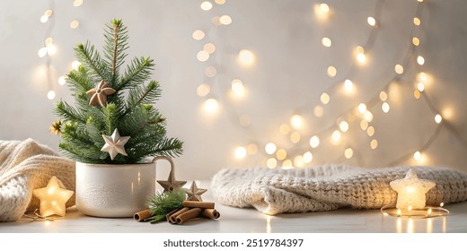 Cozy Christmas decoration with mini Christmas tree and lights on snowy background