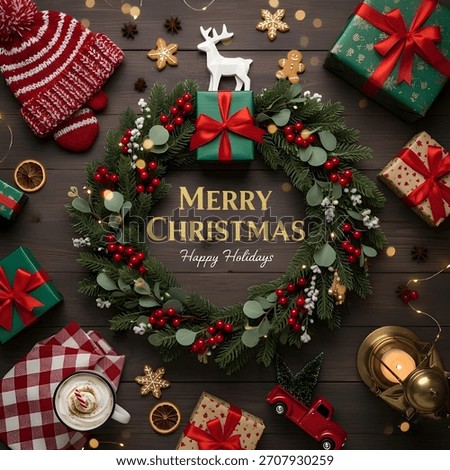 Cozy Christmas Elements Flat Lay: Festive Wreath, Gingerbread Cookies, Reindeer, Red Gifts, and Hot Cocoa Mug on Rustic Dark Wood Background.
