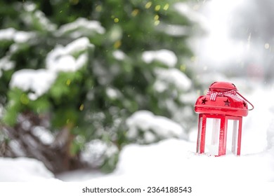 cozy Christmas lantern in the snow. Preparing for Christmas. Winter snowy background. - Shutterstock ID 2364188543