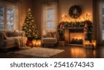 Cozy Christmas living room with a decorated tree, fireplace, and holiday lights, creating a warm festive atmosphere. Ideal for seasonal backgrounds