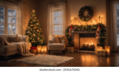 Cozy Christmas living room with a decorated tree, fireplace, and holiday lights, creating a warm festive atmosphere. Ideal for seasonal backgrounds - Powered by Shutterstock