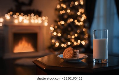 Cozy christmas room at night with glass of milk and cookies prepared for the Santa Claus