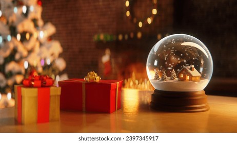 Cozy Christmas Snowing Snowglobe living room with a fireplace and christmas tree in the background. - Powered by Shutterstock
