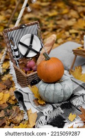 Cozy Composition Of Autumn Picnic Outdoors. Rustic Decor With Orange Pumpkin, Wooden Basket, Plaid, Delicious Food. Fall Vibes