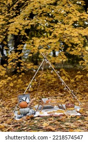 Cozy Composition Of Autumn Picnic Outdoors. Rustic Decor With Orange Pumpkin, Wooden Basket, Plaid, Delicious Food. Fall Vibes