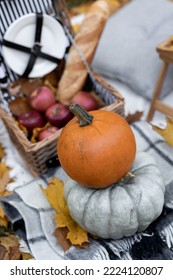 Cozy Composition Of Autumn Picnic Outdoors. Rustic Decor With Orange Pumpkin, Wooden Basket, Plaid, Delicious Food. Fall Vibes