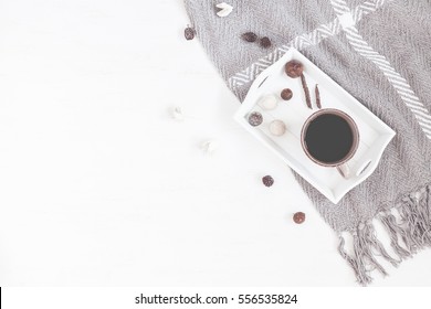 Cozy Composition With Cup Of Coffee, Tray, Blanket. Flat Lay, Top View.