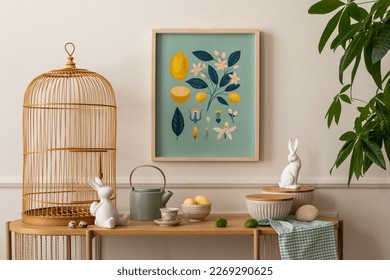 Cozy composition of easter living room interior with mock up poster frame, wooden sideboard, easter bunny, stylish bowl, wooden cage, colorful easter eggs and personal accessories. Home decor Template - Shutterstock ID 2269290625