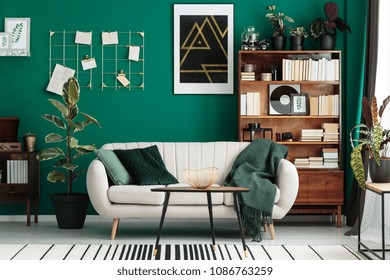 Cozy, Designer Living Room Interior With A Home Library, Antique Wooden Bookcase, Beige Sofa And Modern, Abstract Art On A Teal Green Wall