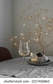 Cozy Evening - A Glass Of White Wine, Autumn Decorations In The Living Room Interior