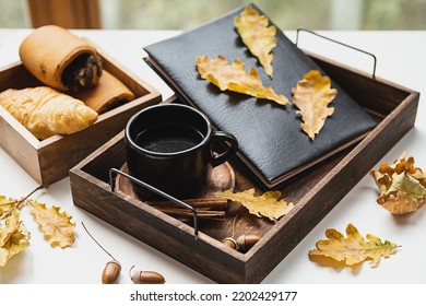 Cozy Fall Morning At Home. Coffee Cup, Book And Autumn Leaves On Wooden Tray.