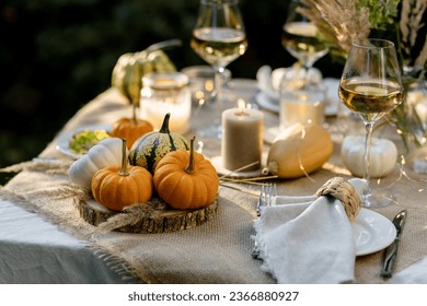 Cozy fall table decoration for Thanksgiving family dinner or romantic autumn wedding outdoors with small pumpkins, candles. White wine. Countryside style, cottage core, beautiful elegant setting - Powered by Shutterstock