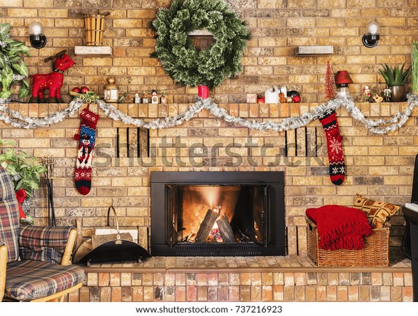 Cozy Fire Brick Fireplace Mantle Decorated Stock Photo Edit Now