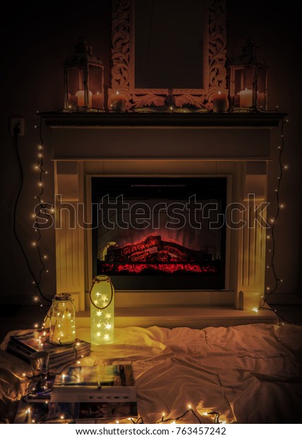 Cozy Fireplace Candles Blanket Books Christmas Stock Photo Edit