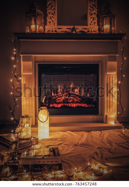 Cozy Fireplace Candles Blanket Books Christmas Stock Image