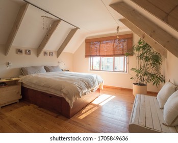 Cozy holiday bedroom for traveling guests, with beige bedding, white ceiling with wooden beams, green indoor plant and small bench with cushions