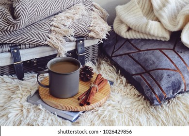 Cozy Home With Cup Of Coffee With  Blanket And Book. Hygge Home Interior 