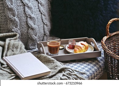 Cozy Home With Cup Of Coffee And A Book. Hygge Style