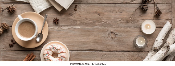 Cozy Home With Cup Of Coffee, Candles, Blanket And Book. Hygge Home Interior Or Relaxation Concept, Banner, Copy Space. 