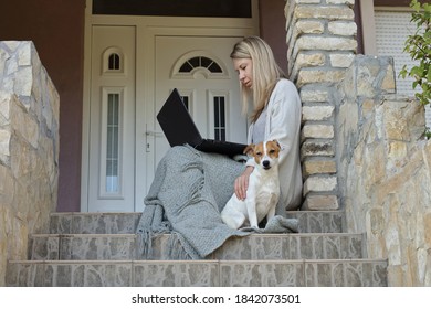 Cozy Home, Dog Sitting Next To Woman Using Laptop , Sitting On Steps On A Front Porch. Carefree, Comfort Lifestyle.