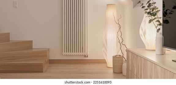 A cozy Home interior in warm beige tones in Japanese  and Scandinavian Style. Modern Scandinavian Living Room Interior Design. Japandi Concept - Shutterstock ID 2251610093