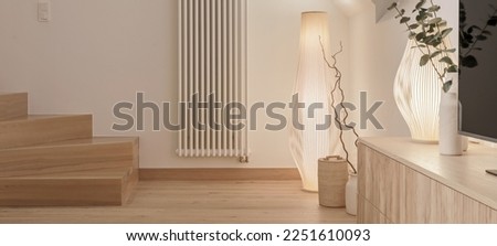A cozy Home interior in warm beige tones in Japanese  and Scandinavian Style. Modern Scandinavian Living Room Interior Design. Japandi Concept