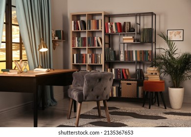 Cozy Home Library Interior With Collection Of Different Books On Shelves