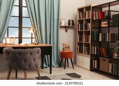 Cozy Home Library Interior With Collection Of Different Books On Shelves