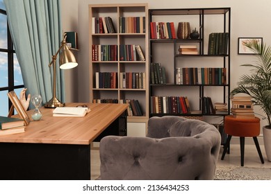 Cozy Home Library Interior With Collection Of Different Books On Shelves