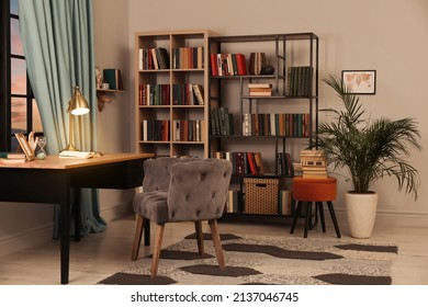 Cozy Home Library Interior With Collection Of Different Books On Shelves