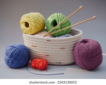 Cozy homely atmosphere. Female hobby knitting and Crochet. Yarn multicolor in a basket. Skeins and balls. Hobby concept.     