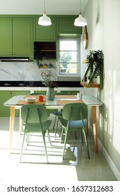 Cozy House, Gray House Interior Decoration Ideas Vintage Kitchen Bright Green Cute Dining Warm Family