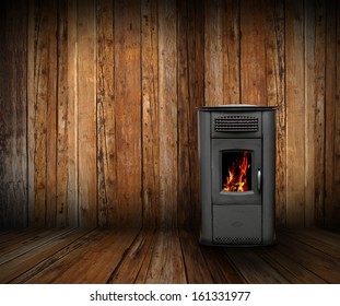 Cozy Interior Backdrop Of A Wooden Lodge With Burning Stove