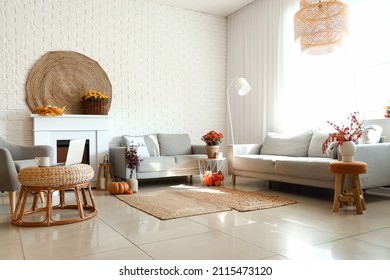 Cozy Interior Of Living Room With Autumn Decor