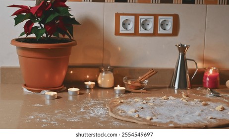 Cozy kitchen with Christmas cookies on countertop and festive decorations - Powered by Shutterstock