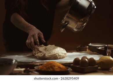 In a cozy kitchen filled with rustic charm, a child's hands knead soft dough covered with flour, symbolizing the joy of learning and the memories made through baking cherished family recipes