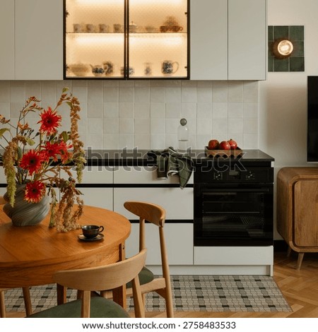 Cozy Kitchen Interior with Warm Lighting and Rustic Touches