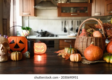 Cozy kitchen with pumpkins for Thanksgiving day or Halloween cooking and preparations.