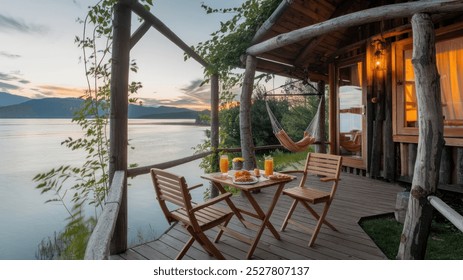 Cozy lakeside cabin with a sunset view and hammock. - Powered by Shutterstock