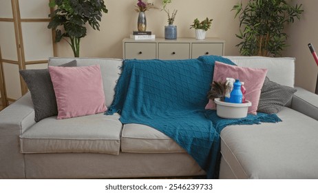 A cozy living room with a beige sofa adorned with pink and gray pillows, a teal blanket, and various cleaning supplies in a bowl on top, surrounded by plants and shelves. - Powered by Shutterstock