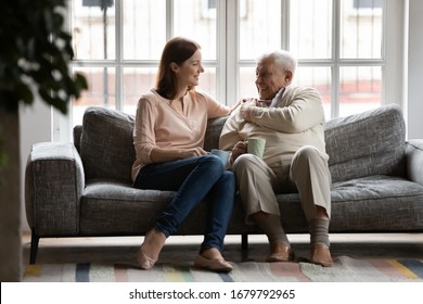 In Cozy Living Room Caring Adult Daughter Drink Tea With Old Dad Family Enjoy Talk Sit On Comfy Couch. Caregiver And Patient Care, Attention, Love, Strong Connection With Older Relative Person Concept