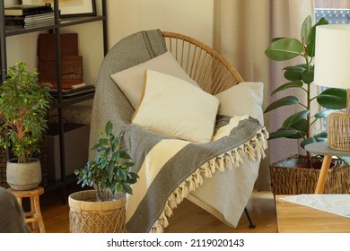 Cozy living room corner with a stylish seat and tropical plants.